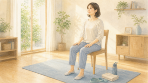 椅子に座り、無理のない範囲で体を整える女性