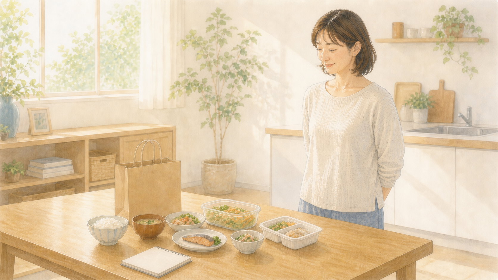 食卓に並んだ食事の選択肢を見て微笑む子育て中のママ