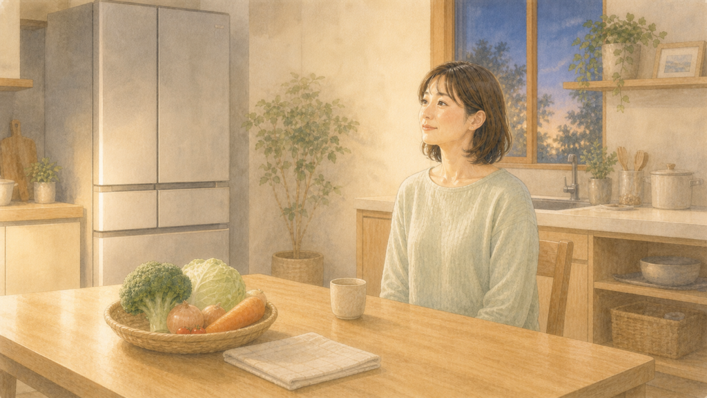 夕方の台所で冷蔵庫を見ながら献立を考えるママのイラスト