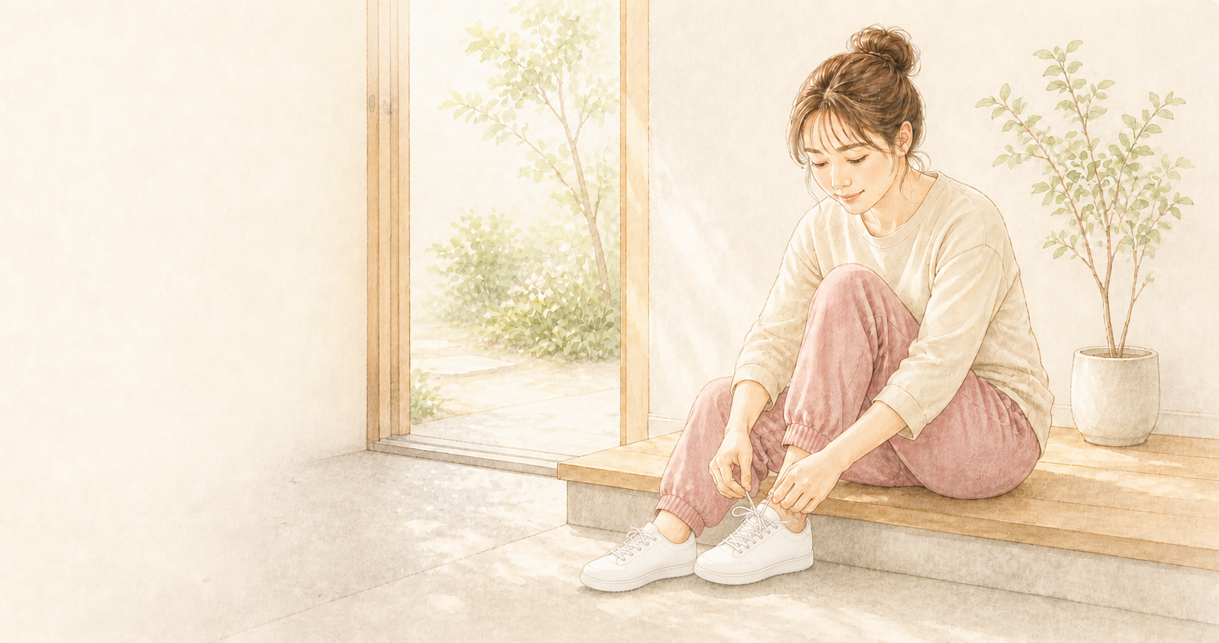 玄関でスニーカーのひもを結ぶママのイラスト