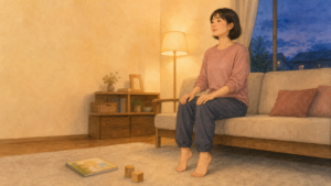 夜のリビングでひと息つくママのイラスト