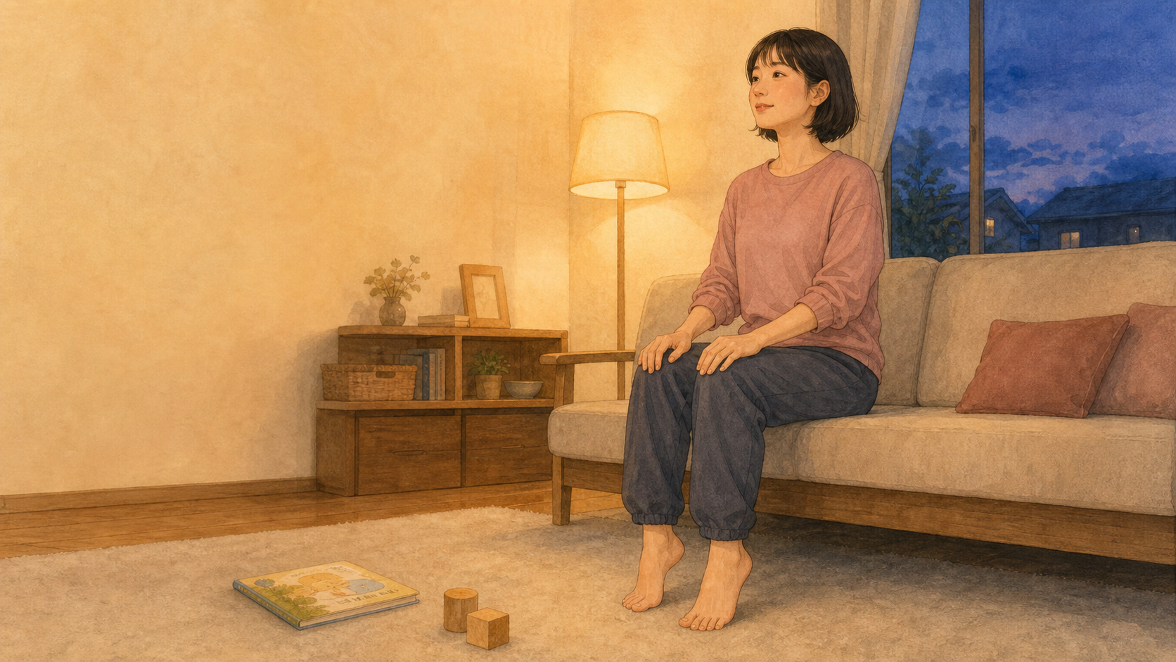 夜のリビングでひと息つくママのイラスト