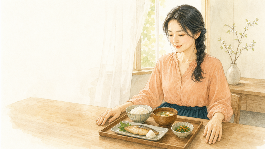 和食の食卓を前にしたママのイラスト