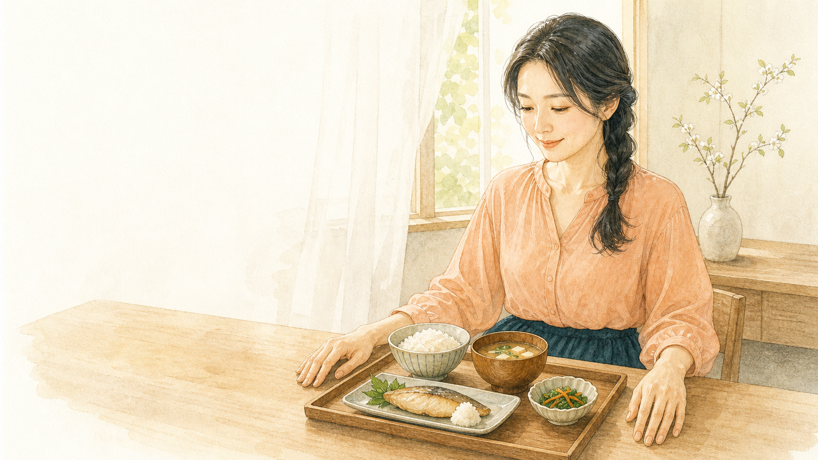 和食の食卓を前にしたママのイラスト