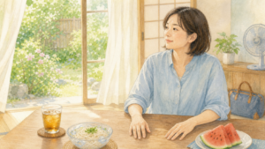 帰省先の夏の食卓で、そうめんとすいかを前にくつろぐ女性