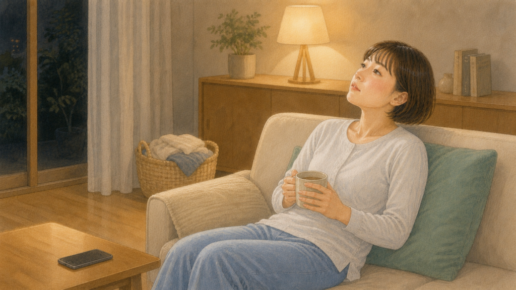 寝かしつけ後にソファで休むママのイラスト