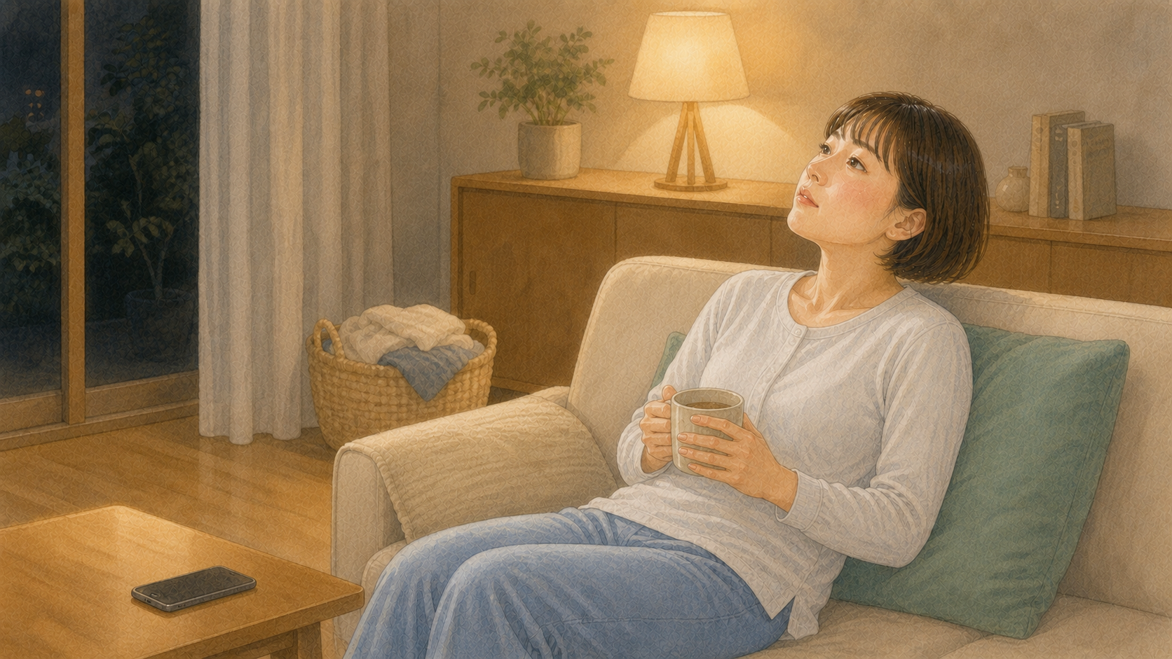 寝かしつけ後にソファで休むママのイラスト