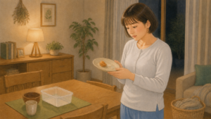 子どもの食べ残しを前に、保存するか迷うママのイラスト
