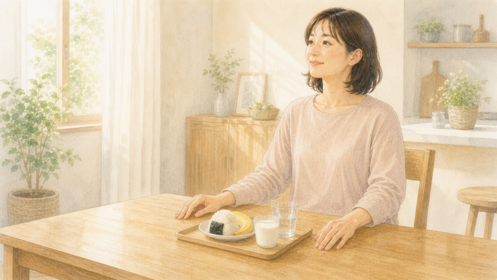 自分の食事を用意して食卓につくママのイラスト