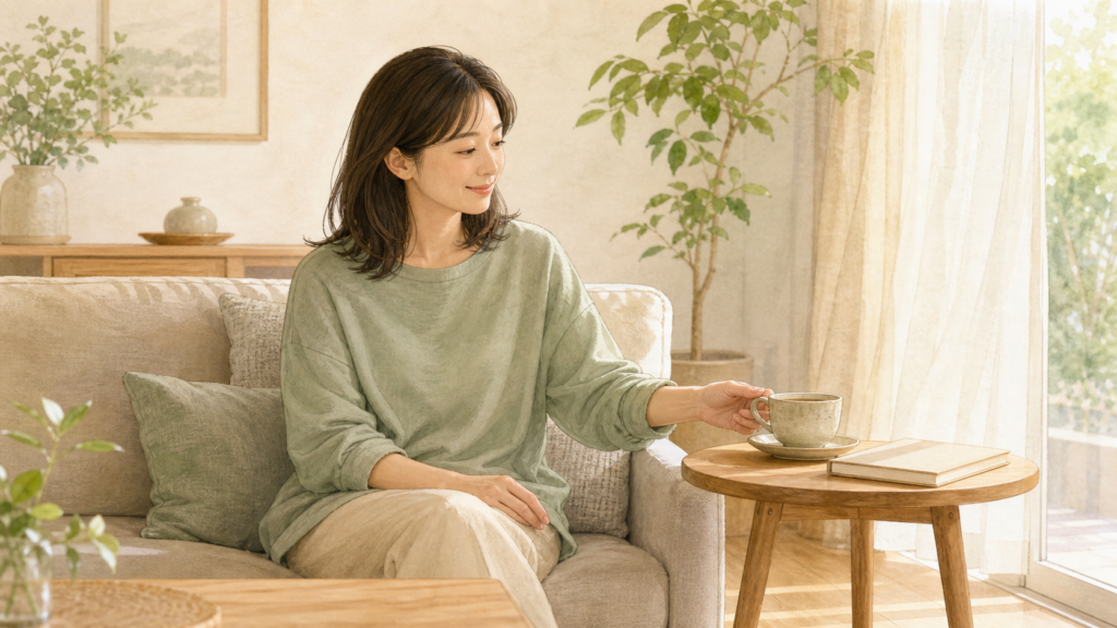 窓辺のソファで、お茶とノートを前に穏やかに休む子育て中のママ