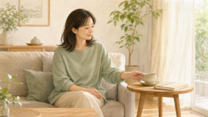 窓辺のソファで、お茶とノートを前に穏やかに休む子育て中のママ