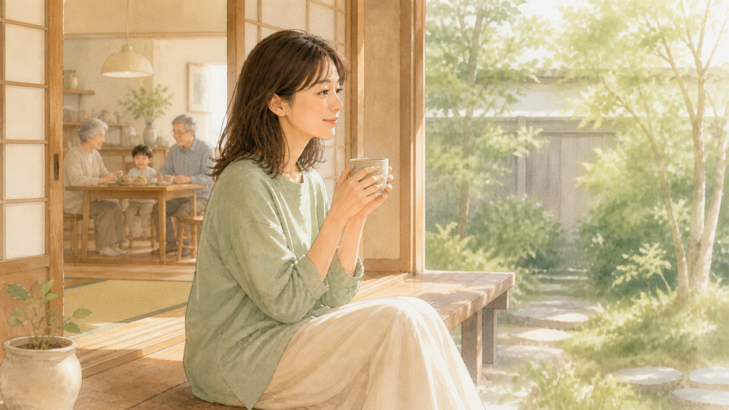 縁側でお茶を飲み、親戚の集まりから少し離れて庭を見るママ