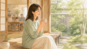 縁側でお茶を飲み、親戚の集まりから少し離れて庭を見るママ