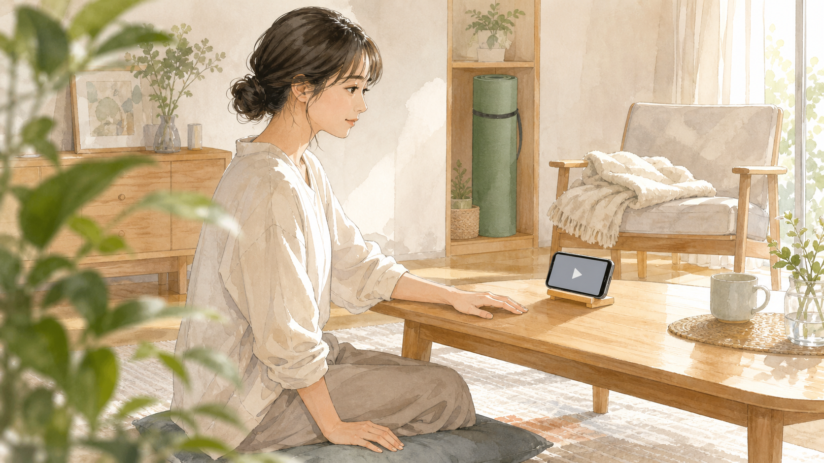 スマートフォンの動画を開く前に、テーブルの前で考えるママのイラスト