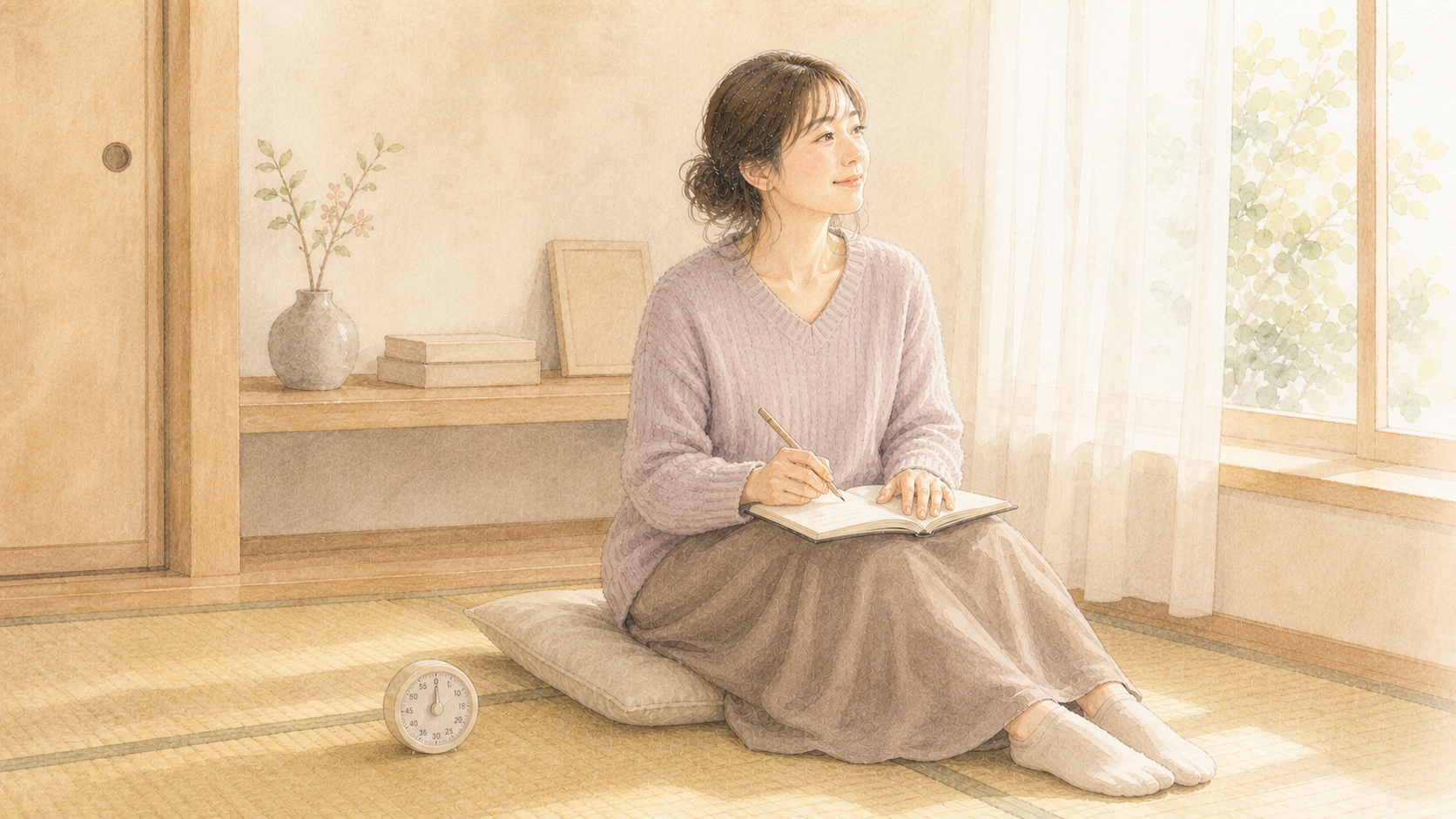 ノートと5分タイマーを前に自分の時間を過ごすママのイラスト