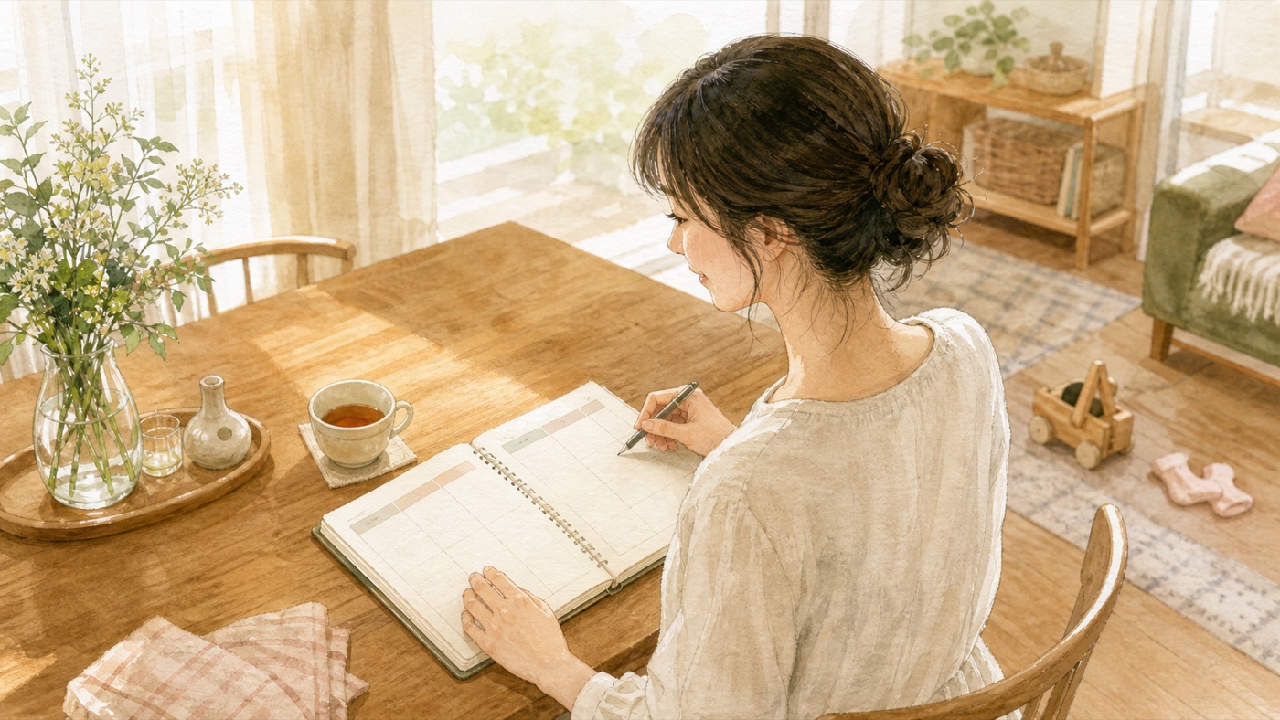 家族の予定と一緒に、じぶんの予定を手帳に書くママ