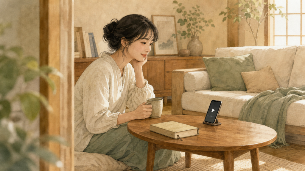 静かな部屋でスマートフォンの音声に耳を傾ける女性