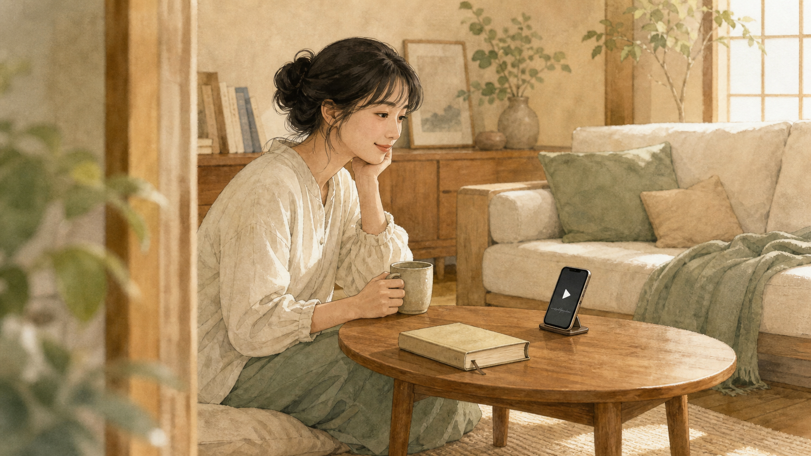静かな部屋でスマートフォンの音声に耳を傾ける女性