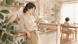 子どもが遊ぶそばで、昼のすきま時間に本を読むママ