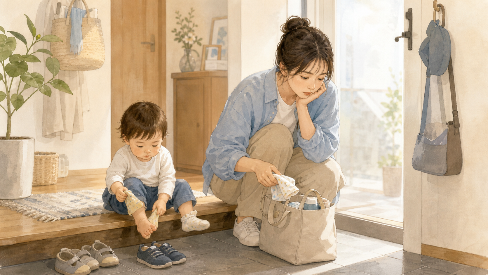 玄関で外出バッグを確認しながら、子どもの準備を待つママのイラスト