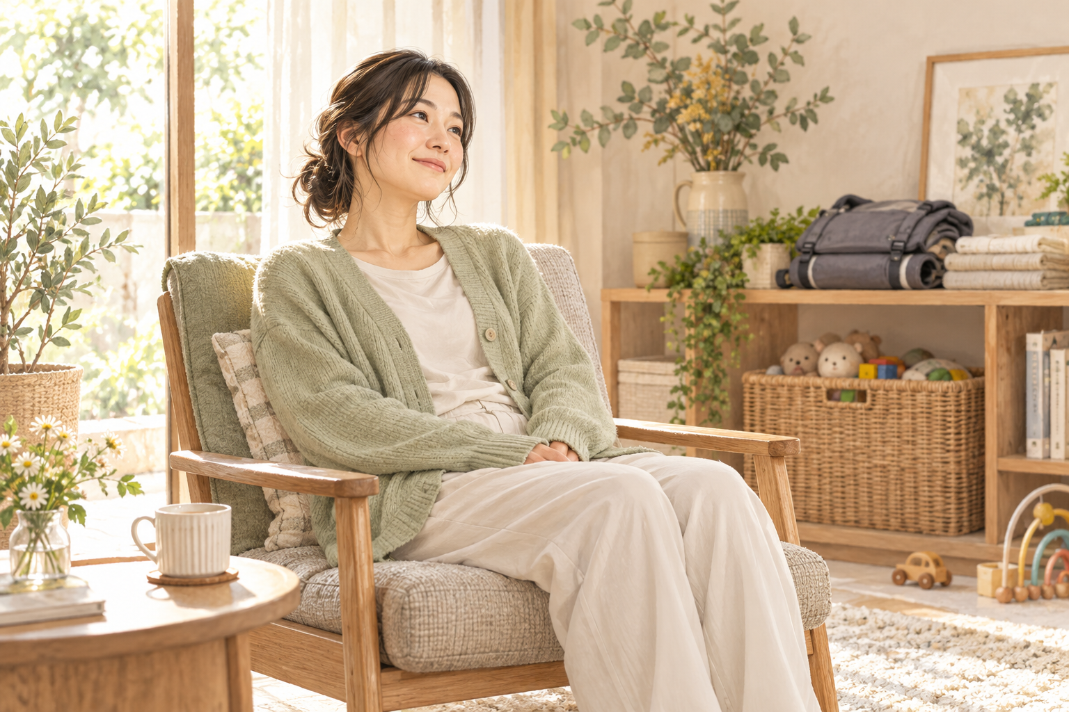 抱っこの後に背もたれのある椅子で休む女性のイラスト