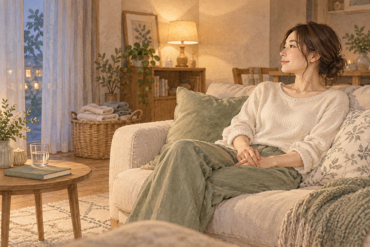 寝かしつけ後、静かなリビングでひと休みする女性
