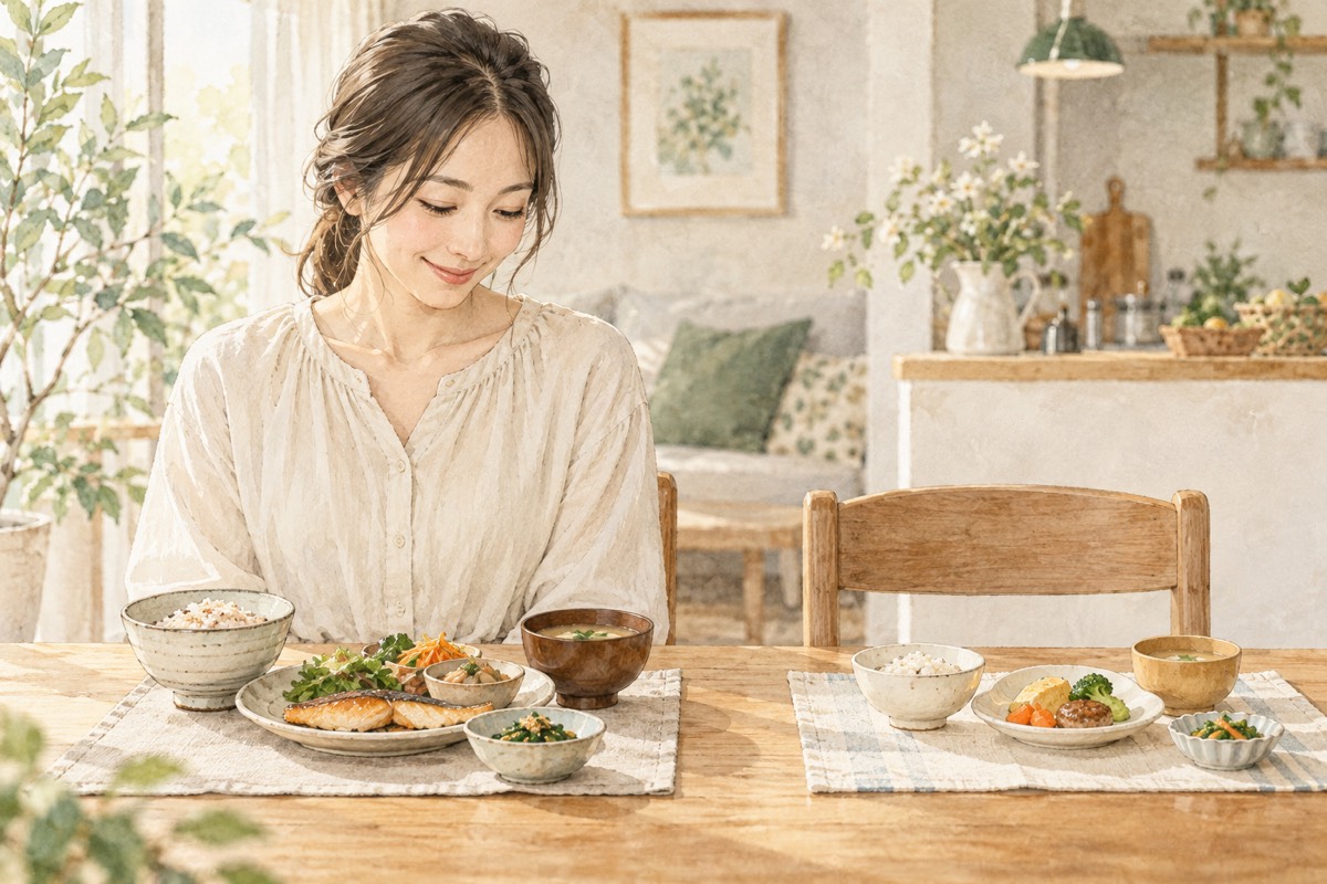 子どもの分と一緒に自分の食事も用意した女性