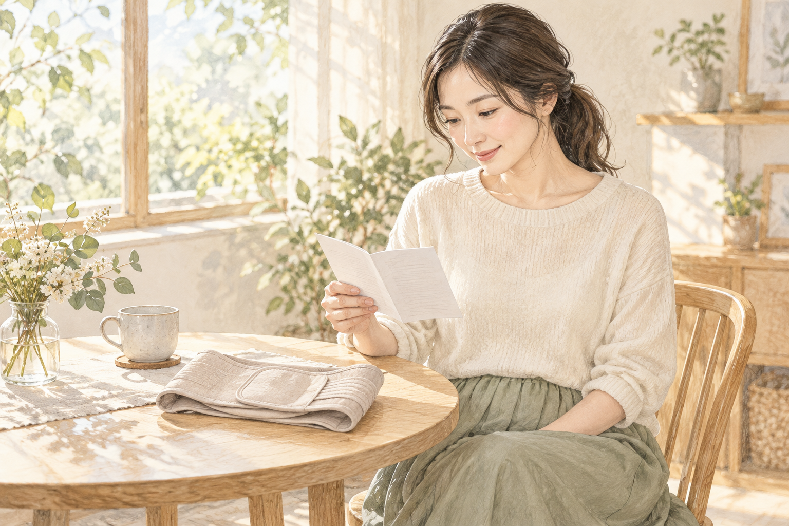 骨盤ベルトの説明書を確認する女性のイラスト
