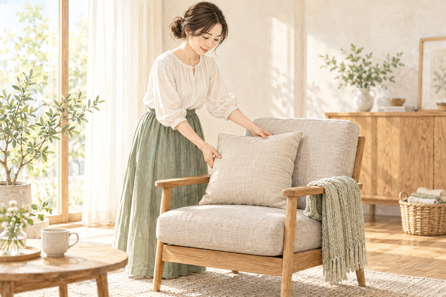 椅子の背もたれにクッションを用意する女性のイラスト