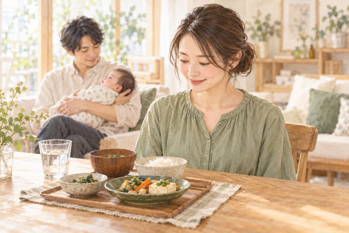家族が赤ちゃんを見守る間に、自分の食事をとる女性
