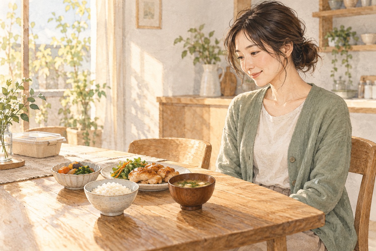 用意したごはんとお惣菜を食卓に並べ、ひと息つく女性