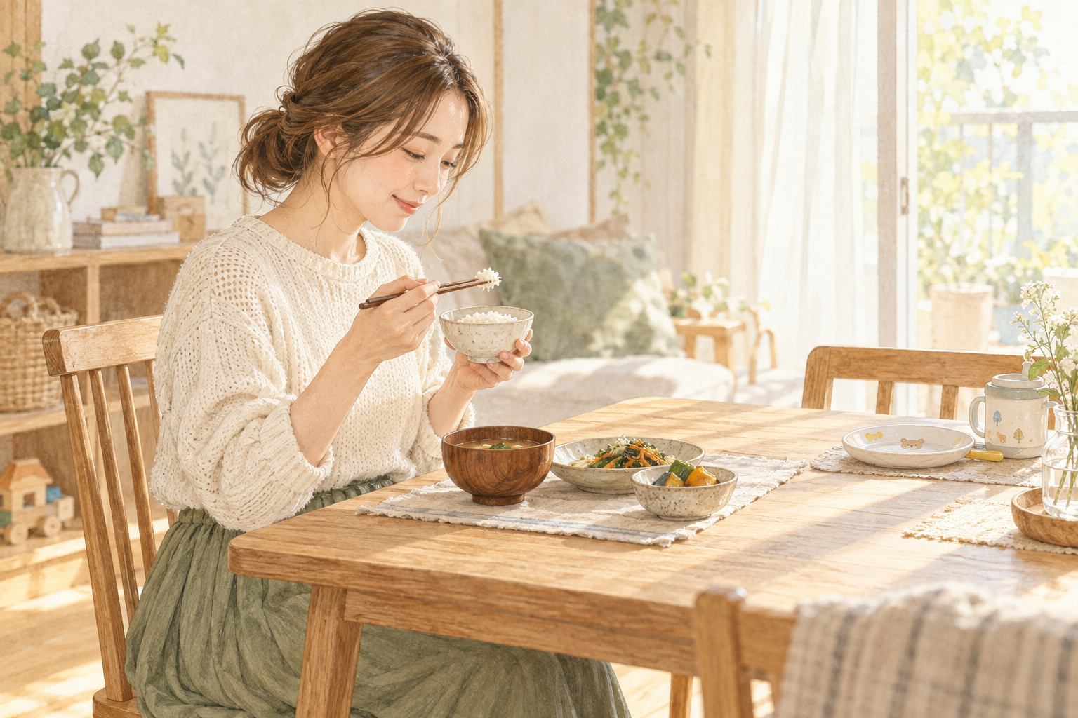 食卓で自分の食事をとる女性のイラスト