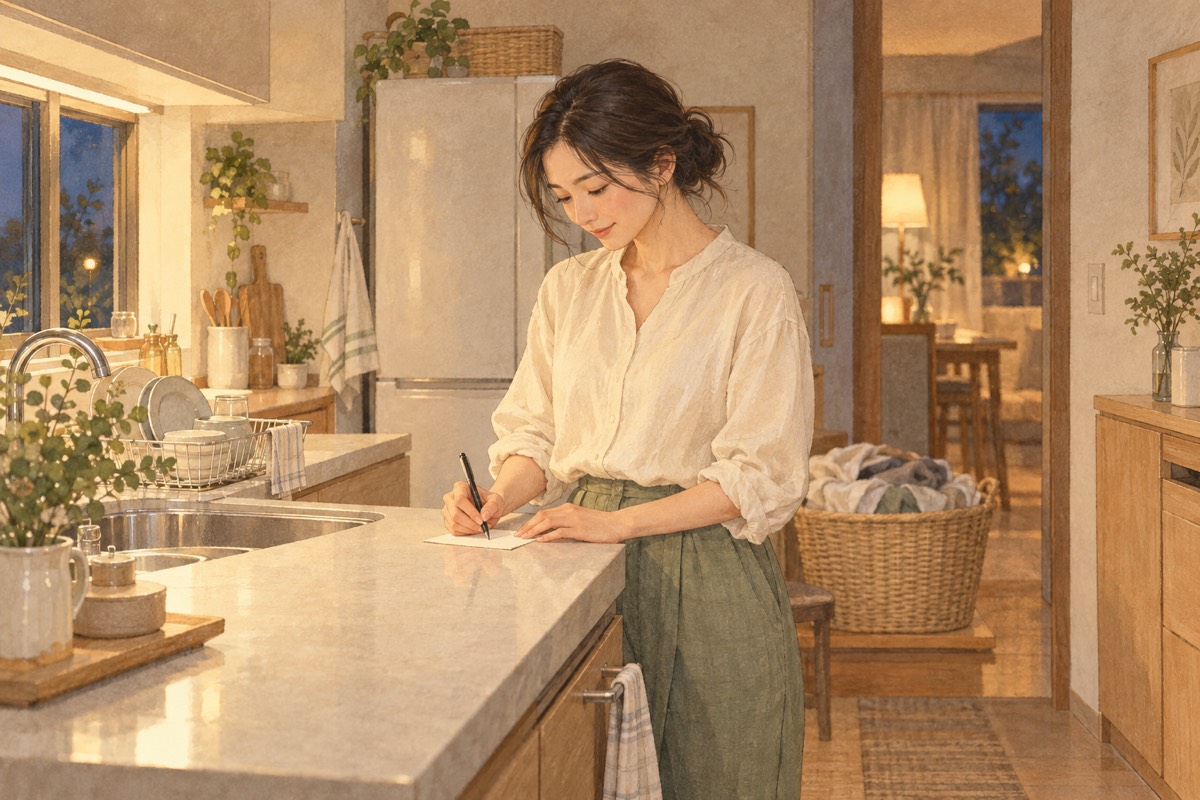 寝る前に残った家事の予定をメモするママ