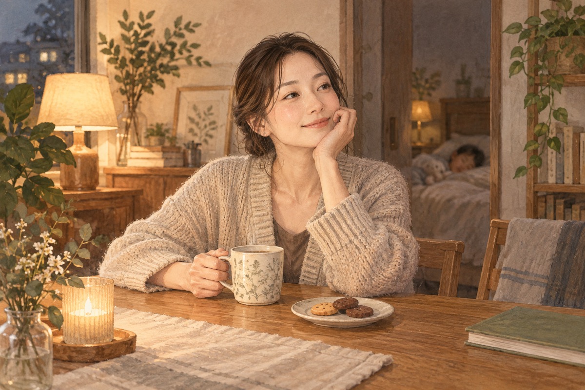 夜のテーブルで飲み物とお菓子を楽しむ女性のイラスト