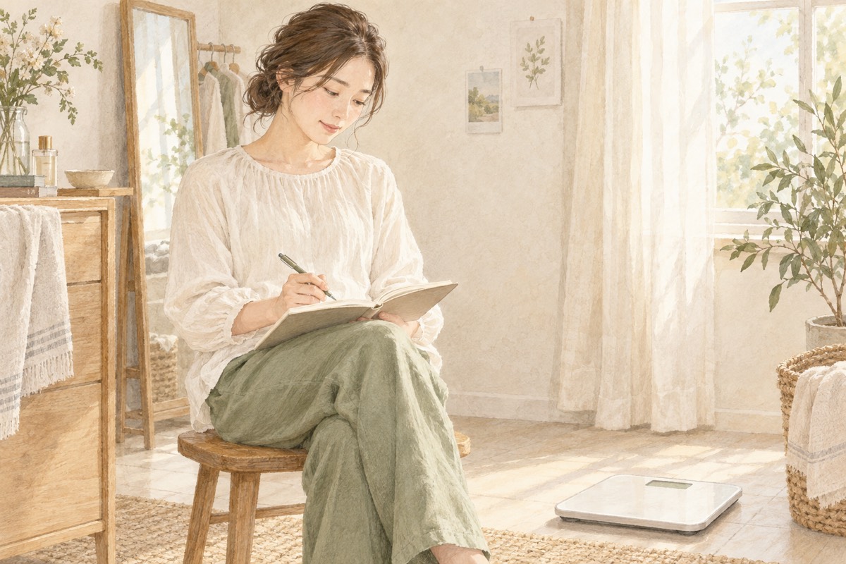 体重計のそばで、気になっていることをノートに書く女性