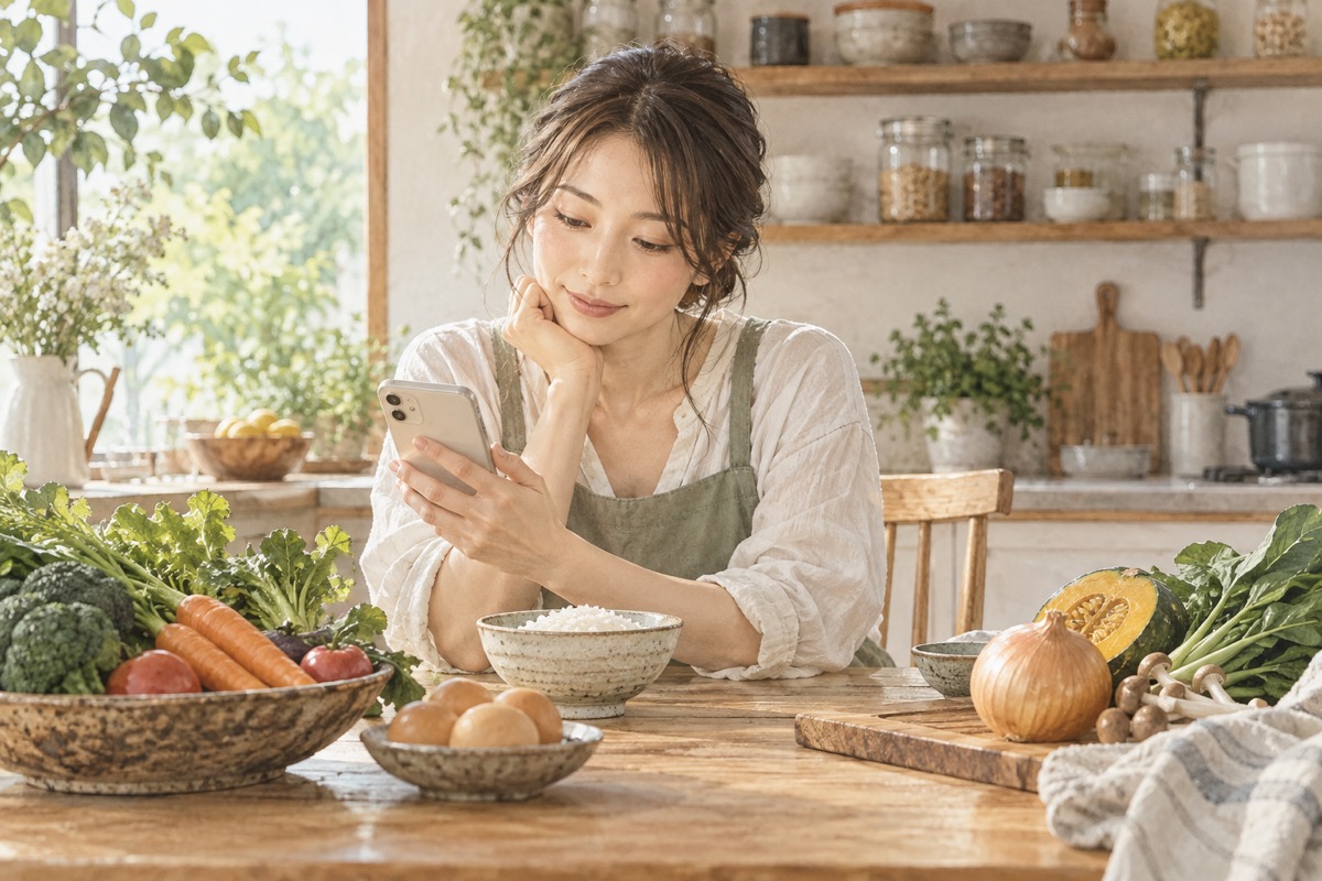 食材を前にスマートフォンを見る女性のイラスト