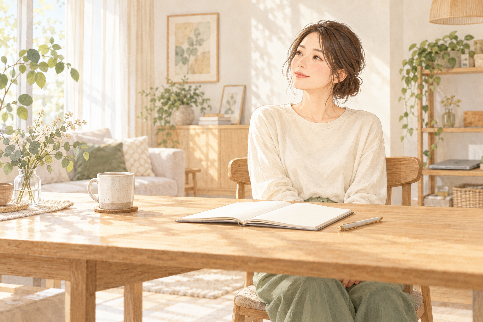 ノートを前に運動再開の予定を考える女性のイラスト