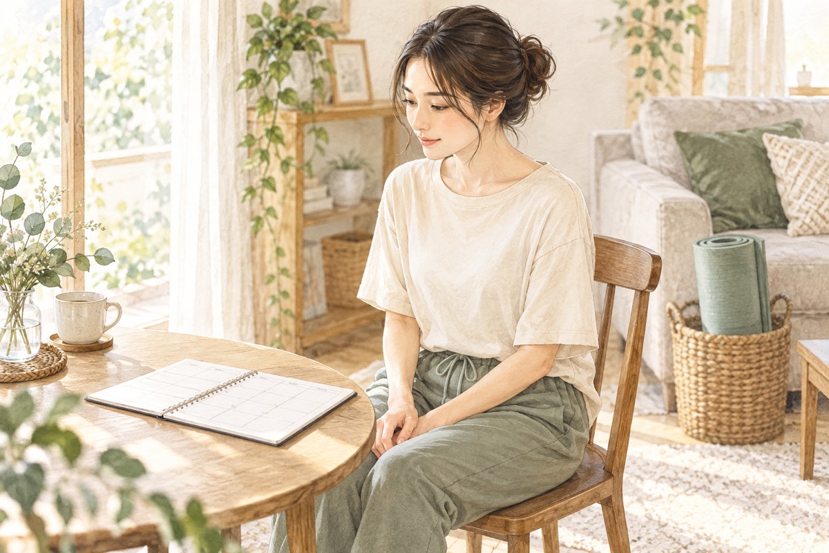 宅トレをする時間を手帳で考える女性