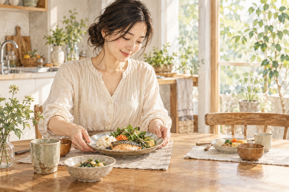 家族の食卓に自分の食事も用意する女性