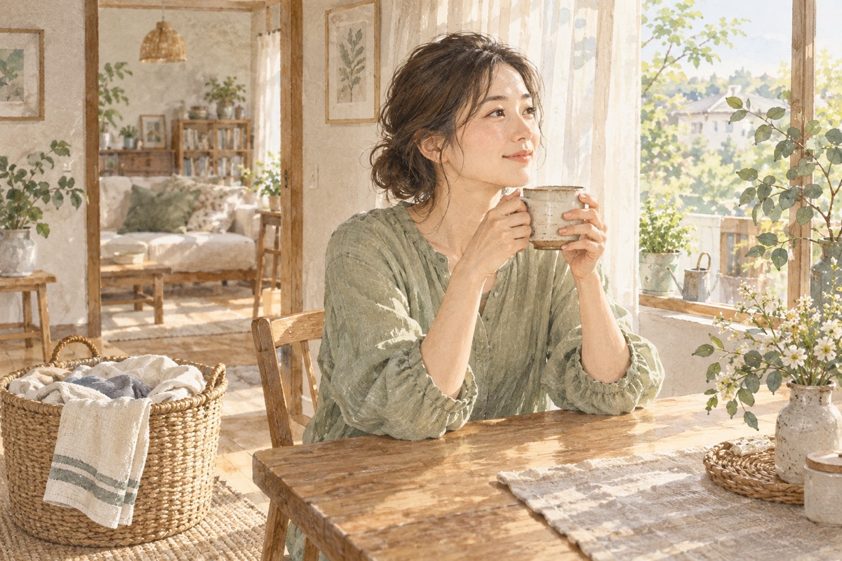洗濯物を片づける前に、窓辺で飲み物を持って休むママのイラスト