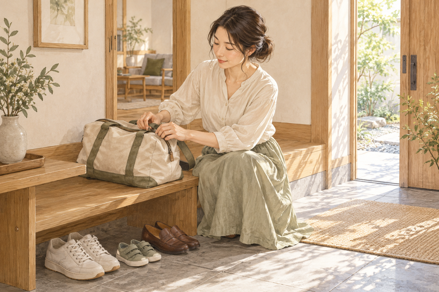 帰省用の旅行かばんを準備する女性のイラスト