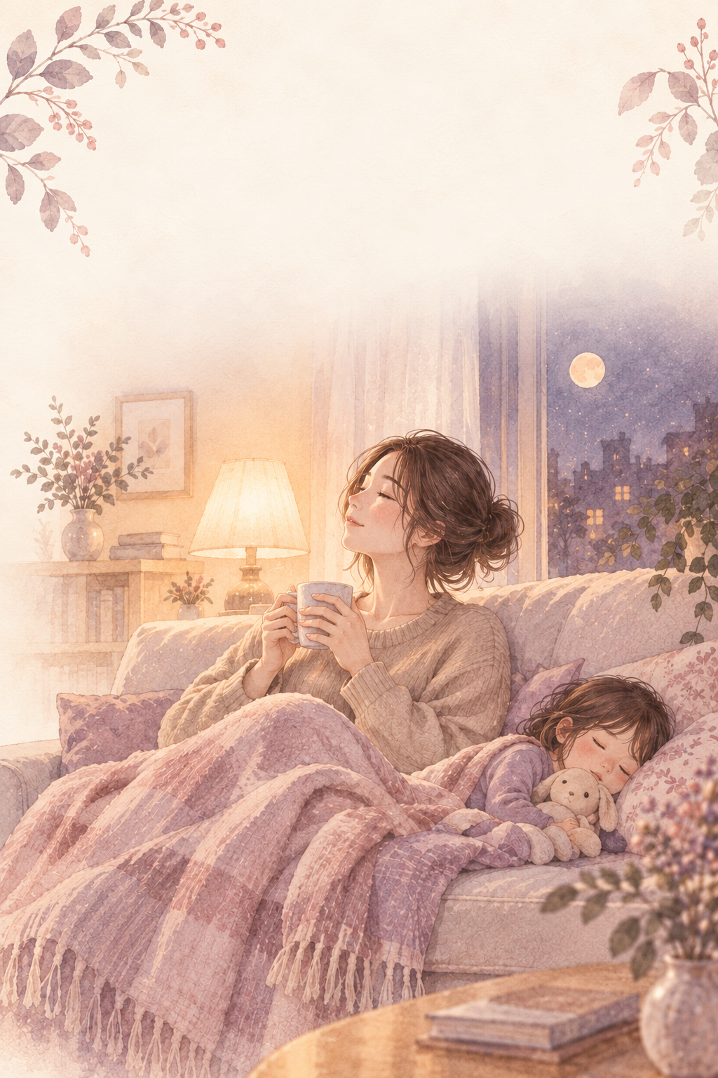 夜、眠った子どもの隣でひと息つくママのイラスト