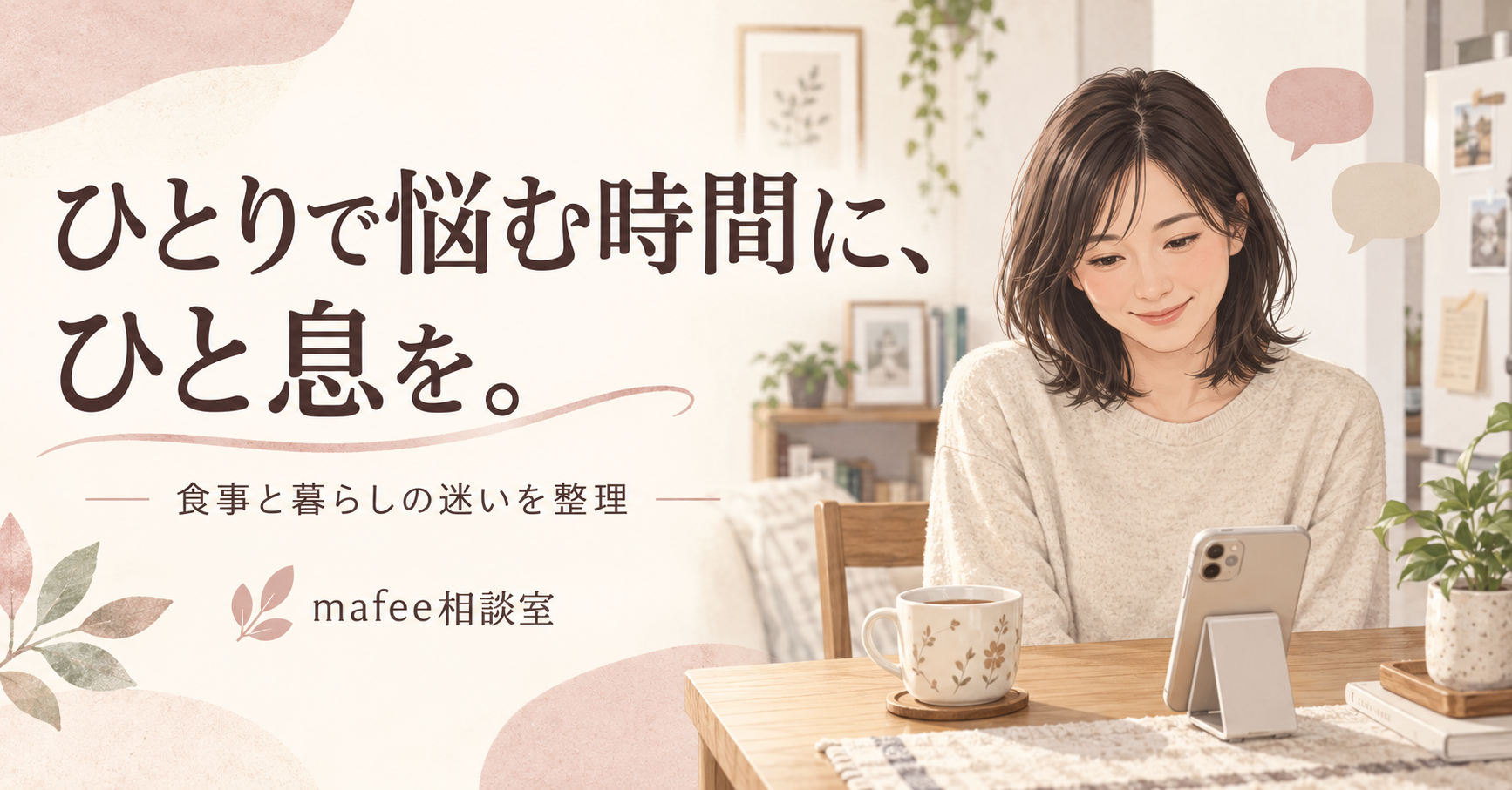 ひとりで悩む時間に、ひと息を。食事と暮らしの迷いを整理するmafee相談室。スマホを見ながらひと息つく女性のイラスト。